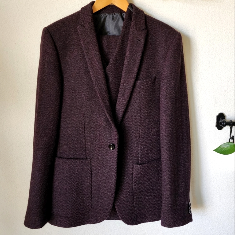 Harris Tweed 3pc mens Wool Suit 38R 30W32L in Maroon